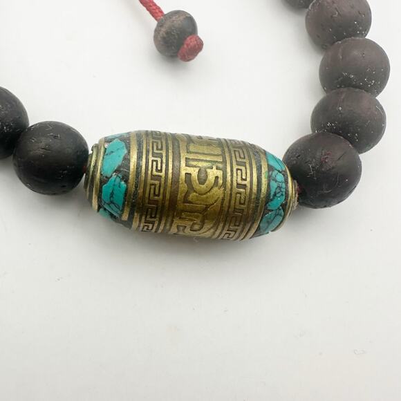Tibetan Prayer Bead Bracelets Set of 2 Casual Boho Jewlery Brown Brass Red Blue - Picture 2 of 8